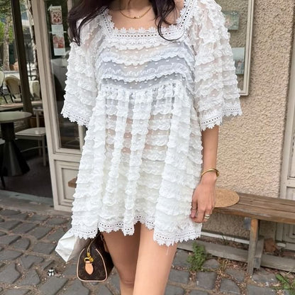 Dotted Lace Trim Ruffle Blouse with Square Neckline