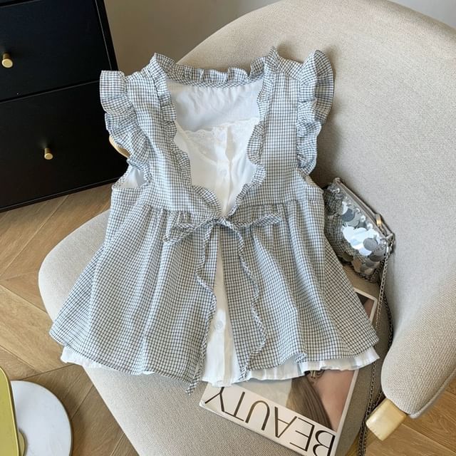 Ruffle Mock Two-Piece Blouse, Sleeveless