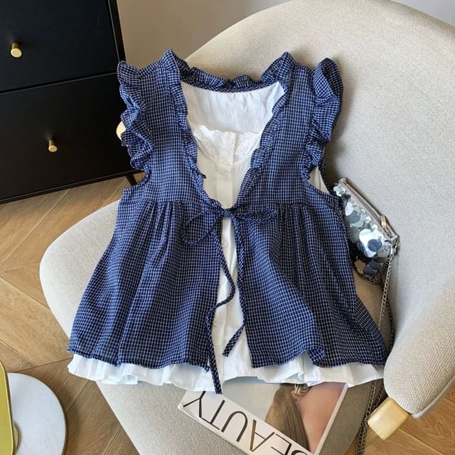 Ruffle Mock Two-Piece Blouse, Sleeveless