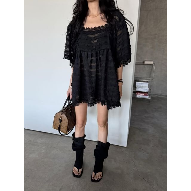 Dotted Lace Trim Ruffle Blouse with Square Neckline