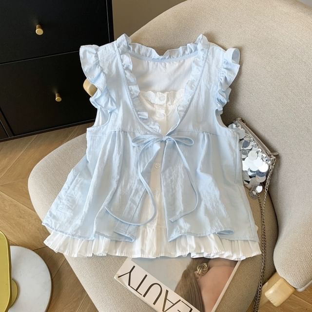 Ruffle Mock Two-Piece Blouse, Sleeveless