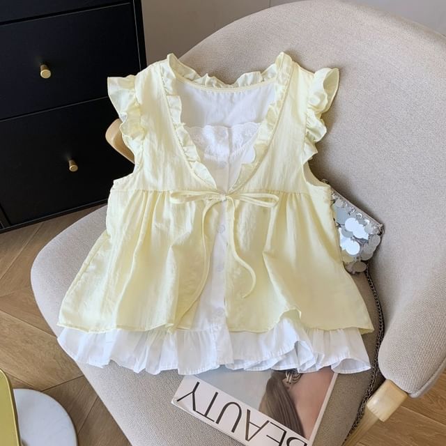 Ruffle Mock Two-Piece Blouse, Sleeveless