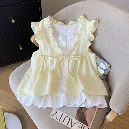 Ruffle Mock Two-Piece Blouse, Sleeveless