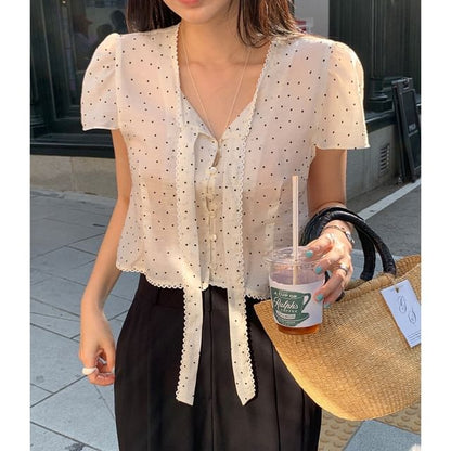 Polka Dot Tie-Neck Blouse, Short Sleeve