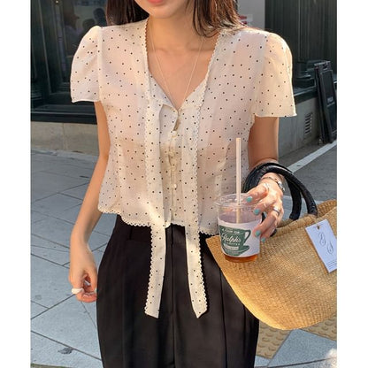 Polka Dot Tie-Neck Blouse, Short Sleeve