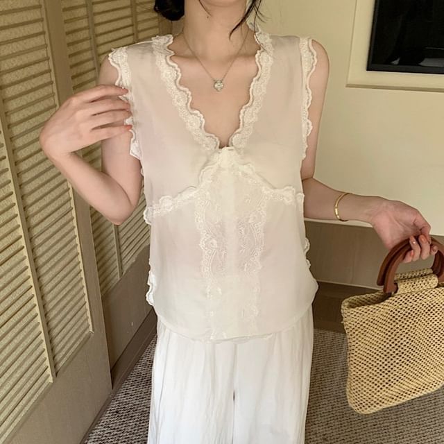 Lace Trim V-Neck Blouse, Sleeveless