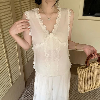 Lace Trim V-Neck Blouse, Sleeveless