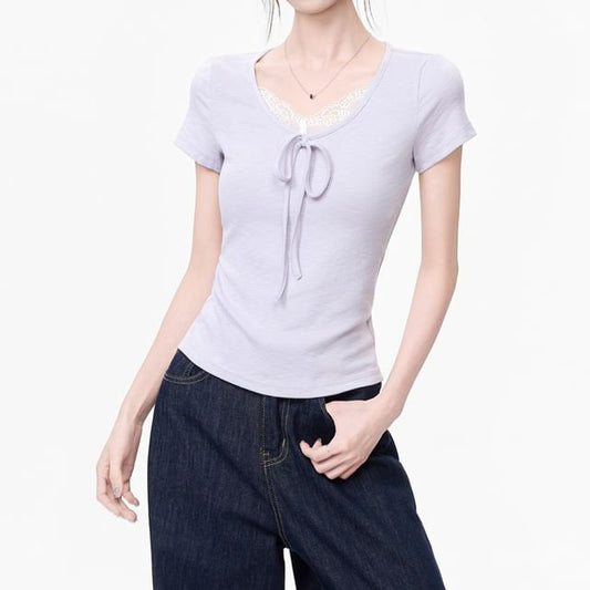Lace Trim V-Neck Top, Short Sleeve