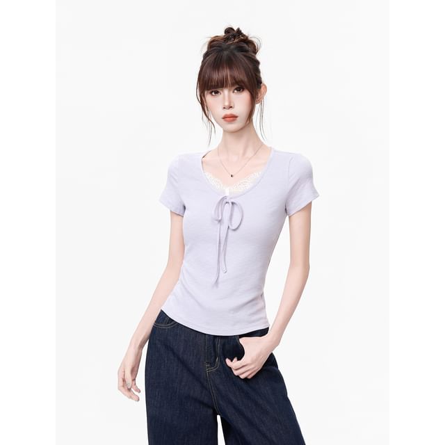 Lace Trim V-Neck Top, Short Sleeve