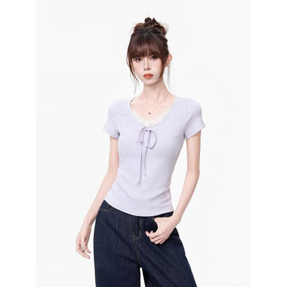 Lace Trim V-Neck Top, Short Sleeve