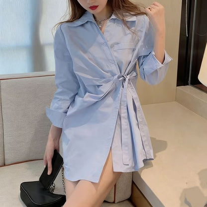 Asymmetrical Tie Waist Button-Up Blouse with Collar