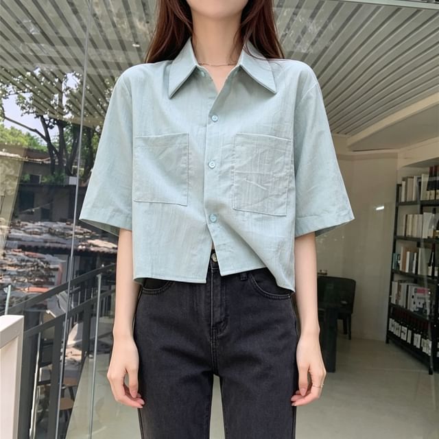 Button-Up Crop Shirt, Elbow Sleeve