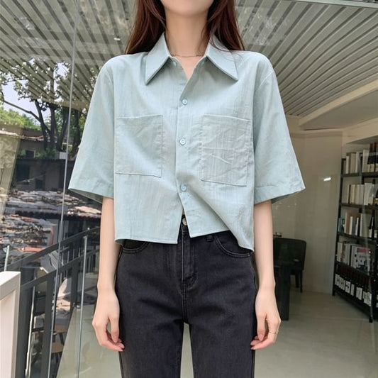 Button-Up Crop Shirt, Elbow Sleeve