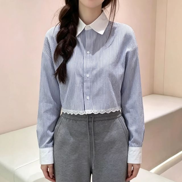 Striped Lace Trim Button-Up Crop Shirt, Long Sleeve