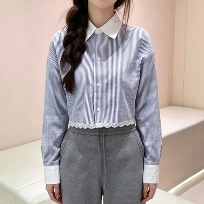 Striped Lace Trim Button-Up Crop Shirt, Long Sleeve