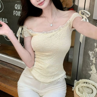 Off-Shoulder Bow Lace Top, Sleeveless