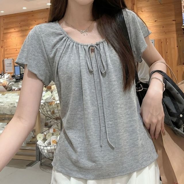 Tie Neck Plain Top, Short Sleeve