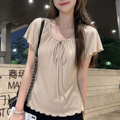 Tie Neck Plain Top, Short Sleeve