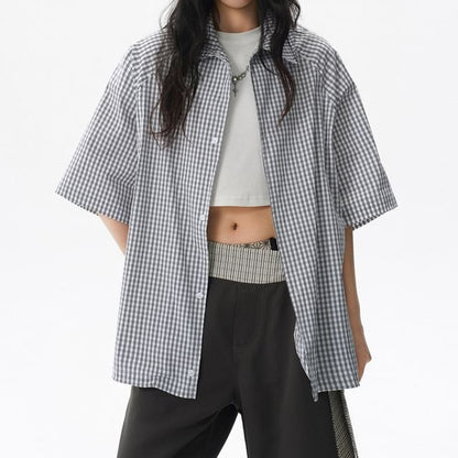 Oversized Plaid Button-Up Shirt Short Sleeve