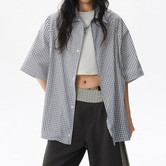 Oversized Plaid Button-Up Shirt Short Sleeve