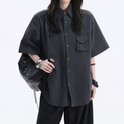 Oversized Collared Button-Up Shirt, Short Sleeve