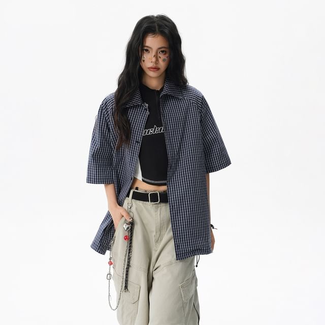Oversized Plaid Button-Up Shirt Short Sleeve
