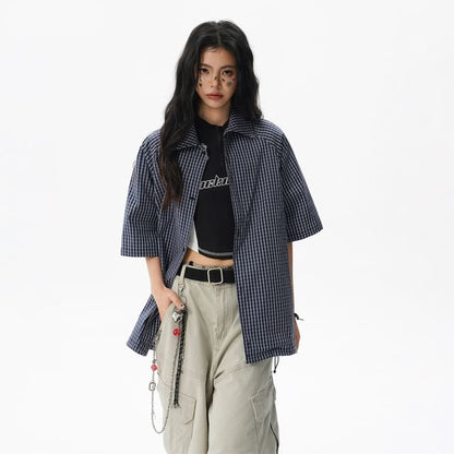Oversized Plaid Button-Up Shirt Short Sleeve