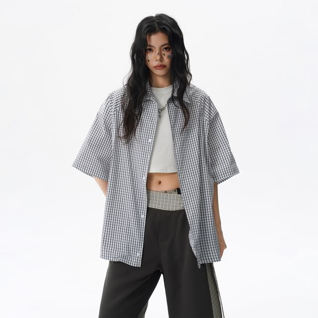 Oversized Plaid Button-Up Shirt Short Sleeve