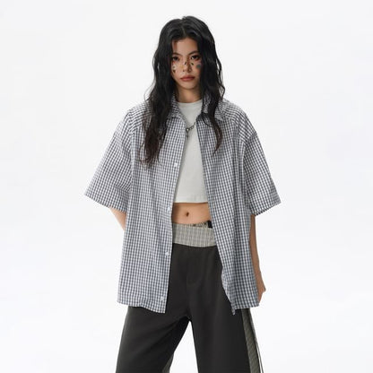 Oversized Plaid Button-Up Shirt Short Sleeve