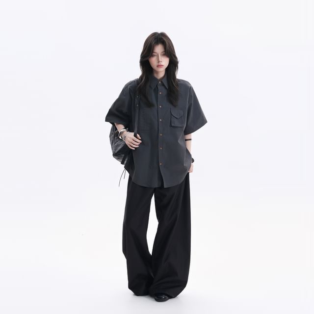 Oversized Collared Button-Up Shirt, Short Sleeve