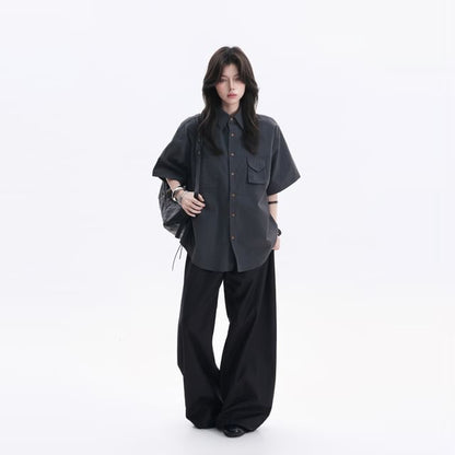 Oversized Collared Button-Up Shirt, Short Sleeve