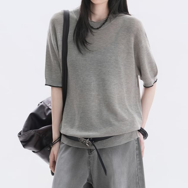 Oversized Crew Neck Knit Top, Elbow Sleeve