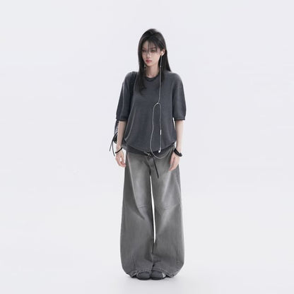 Oversized Crew Neck Knit Top, Elbow Sleeve