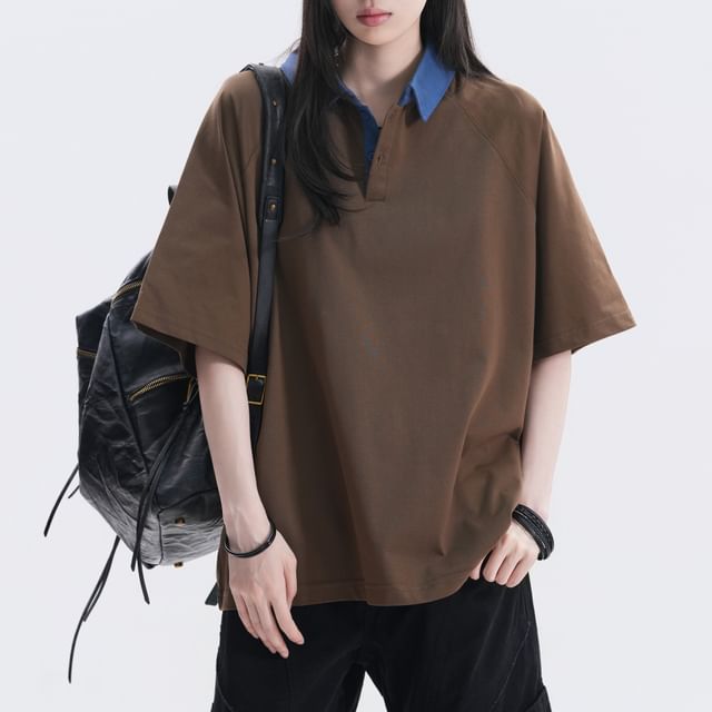 Two-Tone Oversized Polo Shirt with Collar