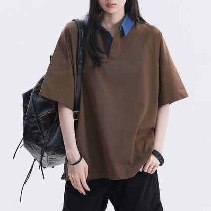Two-Tone Oversized Polo Shirt with Collar
