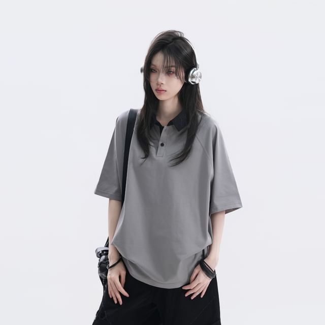 Two-Tone Oversized Polo Shirt with Collar