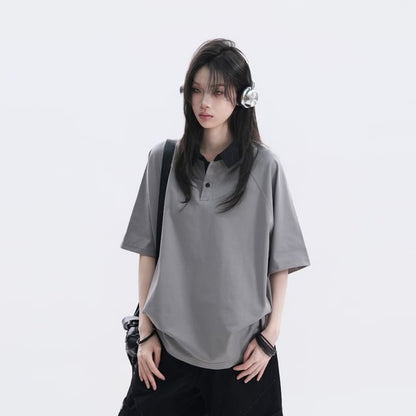 Two-Tone Oversized Polo Shirt with Collar