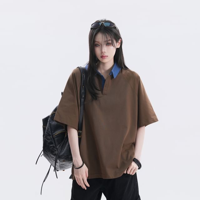 Two-Tone Oversized Polo Shirt with Collar