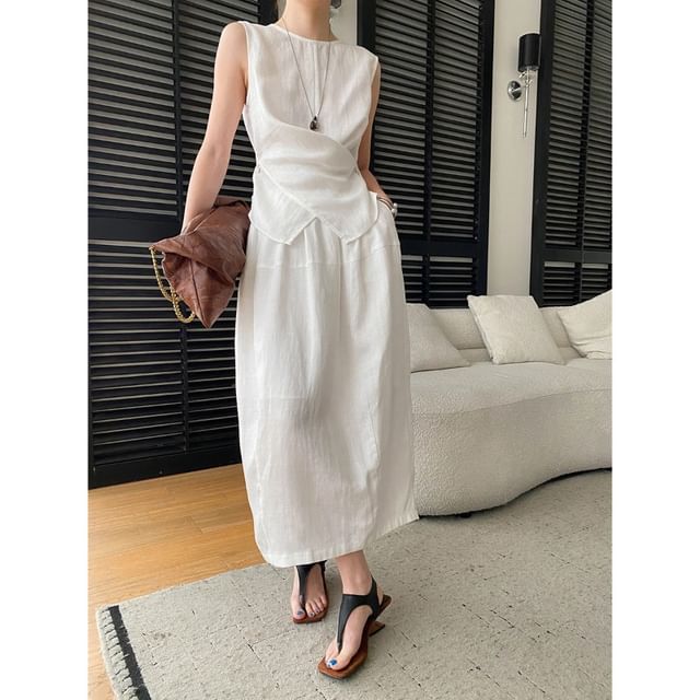 Crew Neck Wrap Top & Midi A-Line Skirt Set