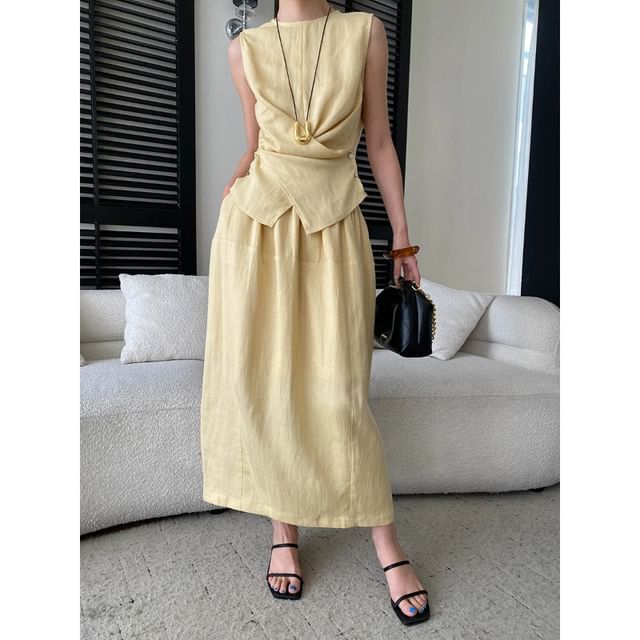 Crew Neck Wrap Top & Midi A-Line Skirt Set