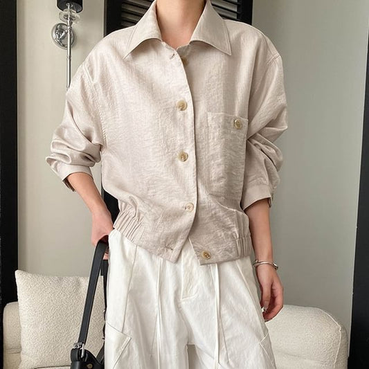 Collared Button-Up Shirt Jacket Plain