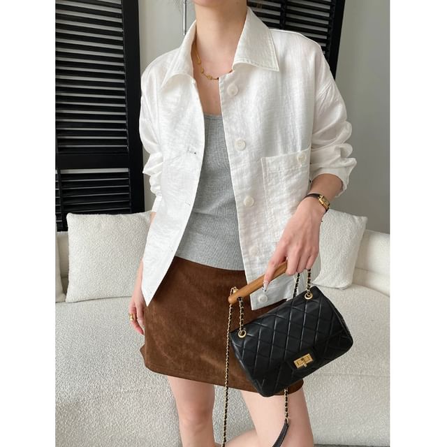 Collared Button-Up Shirt Jacket Plain