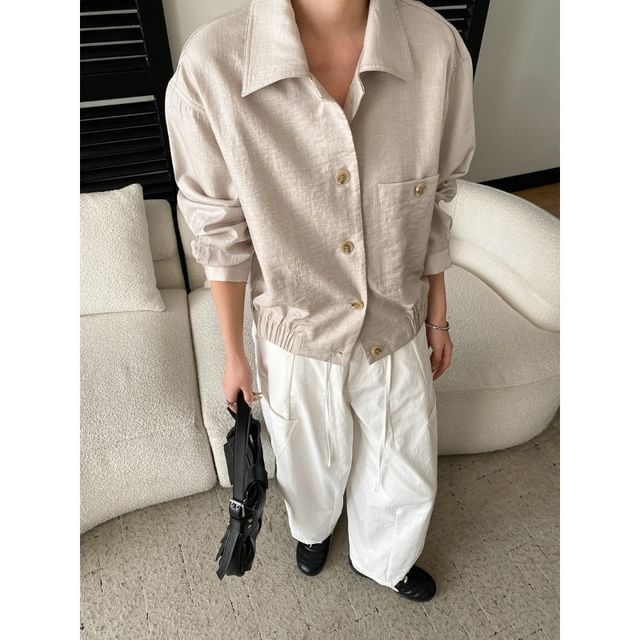 Collared Button-Up Shirt Jacket Plain