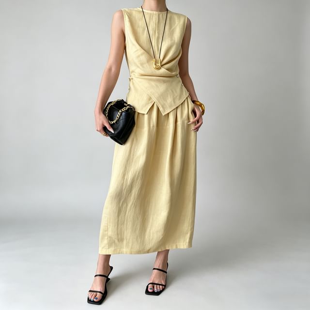 Crew Neck Wrap Top & Midi A-Line Skirt Set
