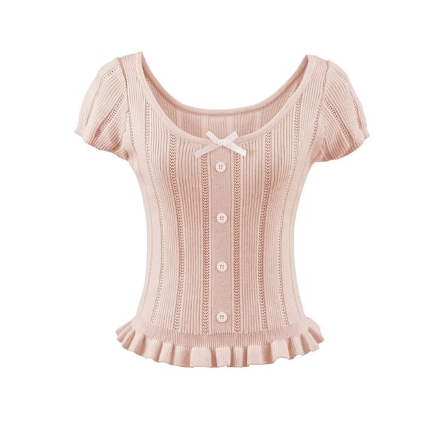 Ribbed Scoop Neck Short-Sleeve Knit Top
