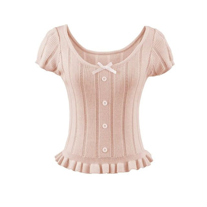 Ribbed Scoop Neck Short-Sleeve Knit Top