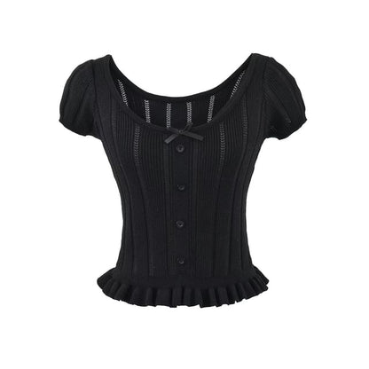 Ribbed Scoop Neck Short-Sleeve Knit Top