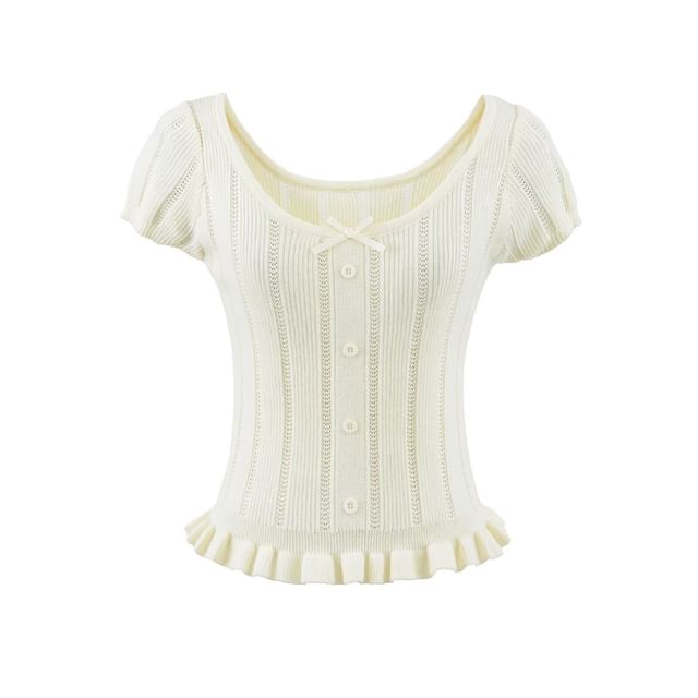 Ribbed Scoop Neck Short-Sleeve Knit Top