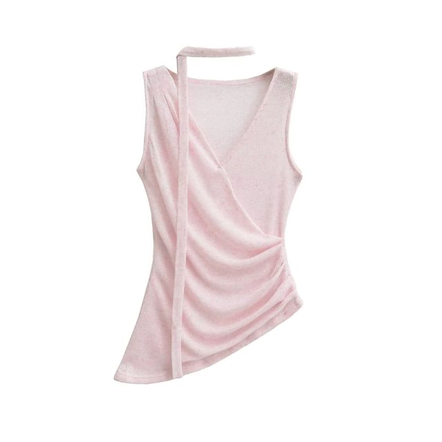 Ruched V-Neck Sleeveless Top with Sash