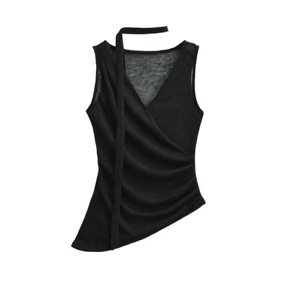 Ruched V-Neck Sleeveless Top with Sash
